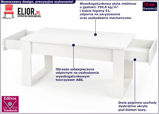 Prostokątna ława z szufladami Malio biały