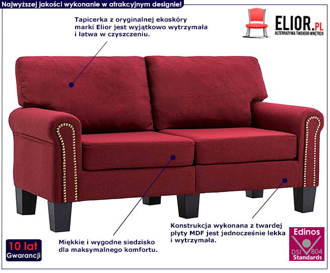 Luksusowa dwuosobowa sofa czerwone wino Dionas 2X