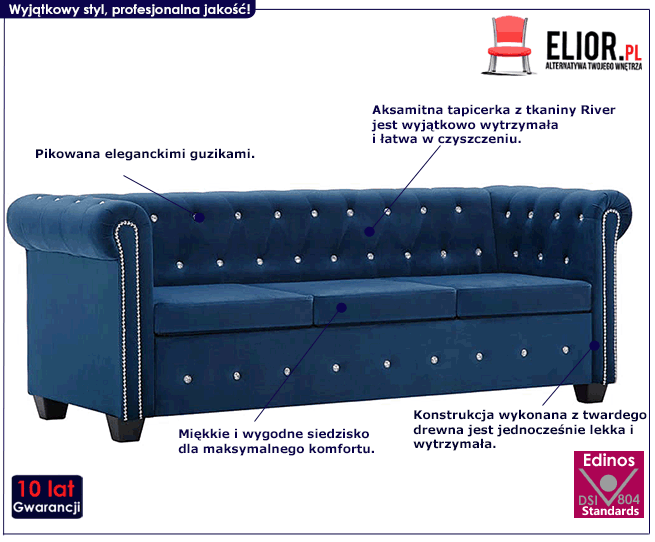 Produkt Aksamitna sofa w stylu Chesterfield Xavier 3Q - niebieska