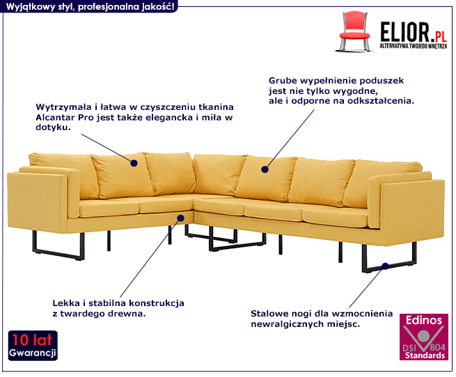 Produkt Przestronna sofa narożna Selwa - żółta