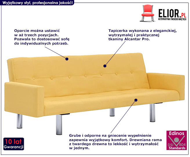 Produkt Rozkładana sofa Enya z podłokietnikami - żółta
