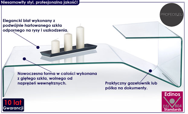 Gięta, szklana, nowoczesna ława Maurycy